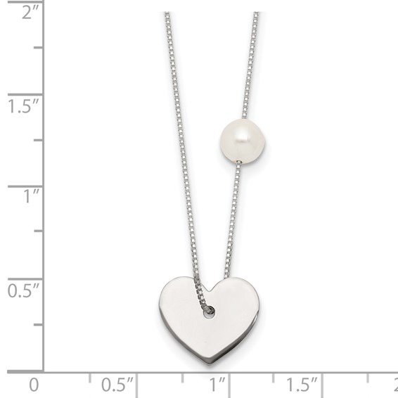 Sterling Silver Polished Heart and Glass Pearl 16 inch Necklace
