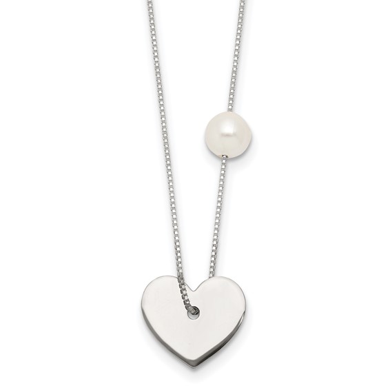 Sterling Silver Polished Heart and Glass Pearl 16 inch Necklace