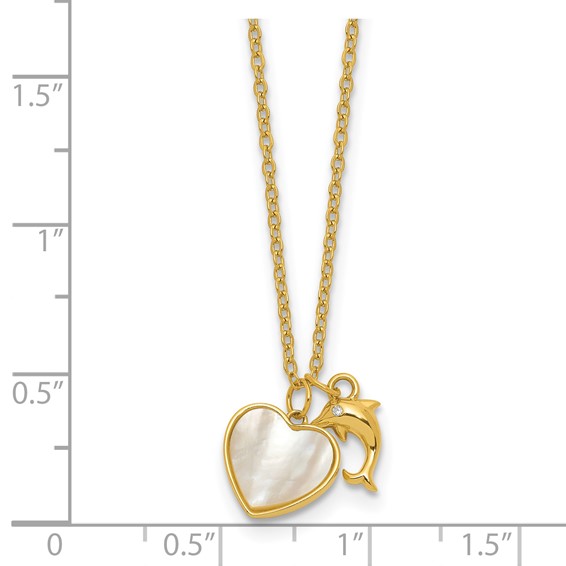 Sterling Silver Gold-tone Polished Mother of Pearl and CZ Heart and Dolphin 16 Inch with 2 Inch Extension Necklace