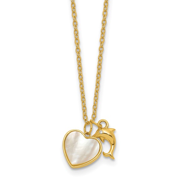 Sterling Silver Gold-tone Polished Mother of Pearl and CZ Heart and Dolphin 16 Inch with 2 Inch Extension Necklace