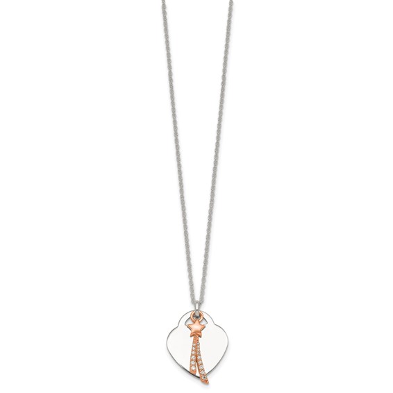 Sterling Silver with Rose-tone Polished White CZ Heart and Shooting Star Dangle 16 inch Necklace