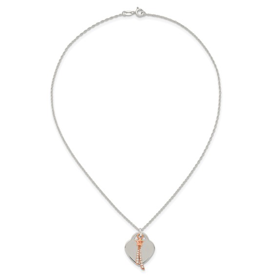 Sterling Silver with Rose-tone Polished White CZ Heart and Shooting Star Dangle 16 inch Necklace