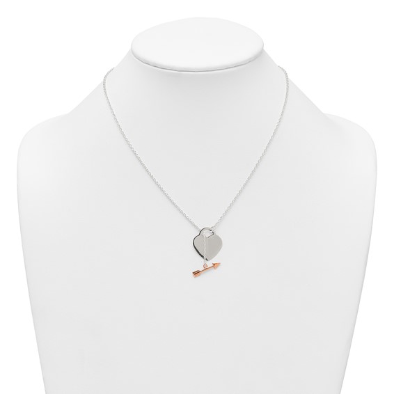 Sterling Silver with Rose-tone Polished Heart and Arrow 18 inch Toggle Necklace