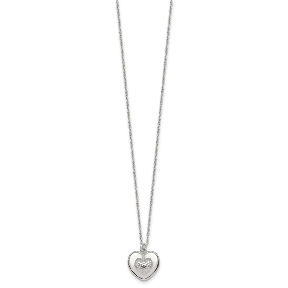 Sterling Silver Polished and Textured Heart 16 inch with 2 inch Extension Necklace