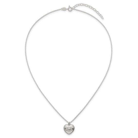 Sterling Silver Polished and Textured Heart 16 inch with 2 inch Extension Necklace