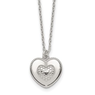Sterling Silver Polished and Textured Heart 16 inch with 2 inch Extension Necklace