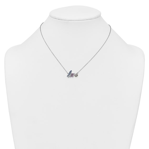Sterling Silver Rhodium-plated Polished Multicolor CZ LOVE 16 Inch with 2 Inch Extension Necklace
