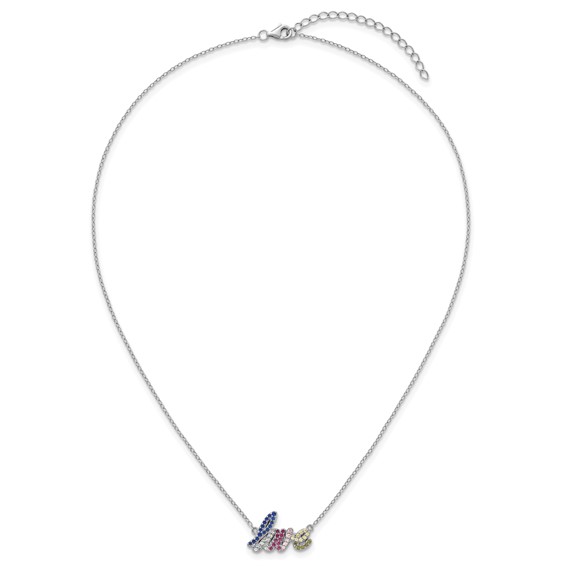 Sterling Silver Rhodium-plated Polished Multicolor CZ LOVE 16 Inch with 2 Inch Extension Necklace