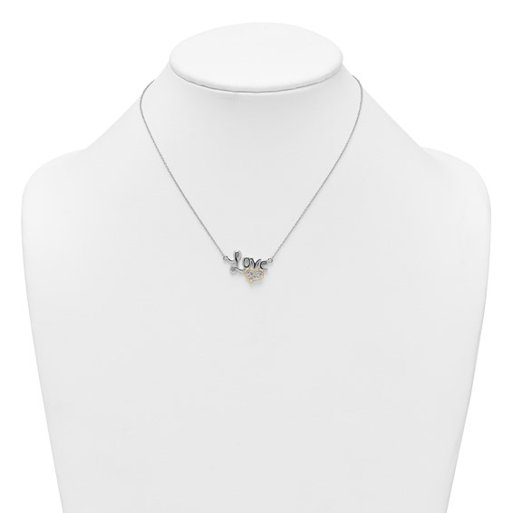 Sterling Silver Rhodium-plated with 14k Accent Polished CZ Love with Heart 16 inch with 2 inch Extension Necklace