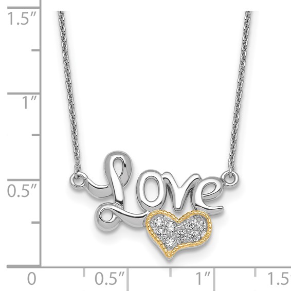 Sterling Silver Rhodium-plated with 14k Accent Polished CZ Love with Heart 16 inch with 2 inch Extension Necklace