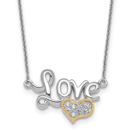 Sterling Silver Rhodium-plated with 14k Accent Polished CZ Love with Heart 16 inch with 2 inch Extension Necklace
