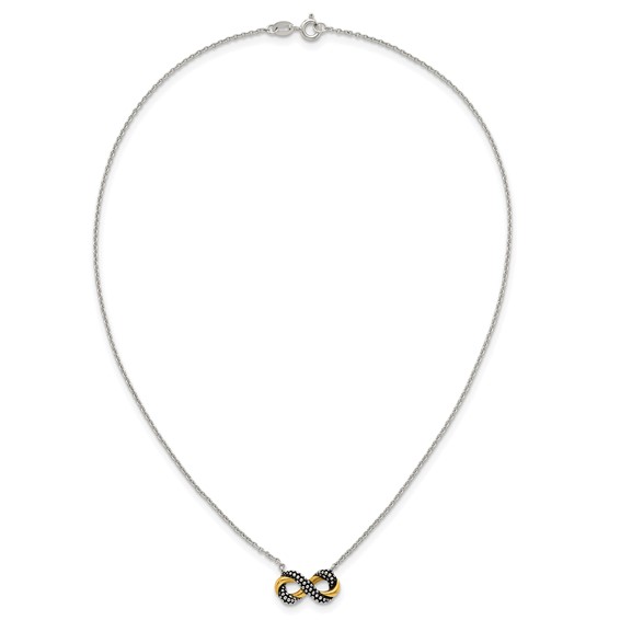 Sterling Silver with Gold-tone Polished and Antiqued Beaded Infinity Charm 16 inch Necklace