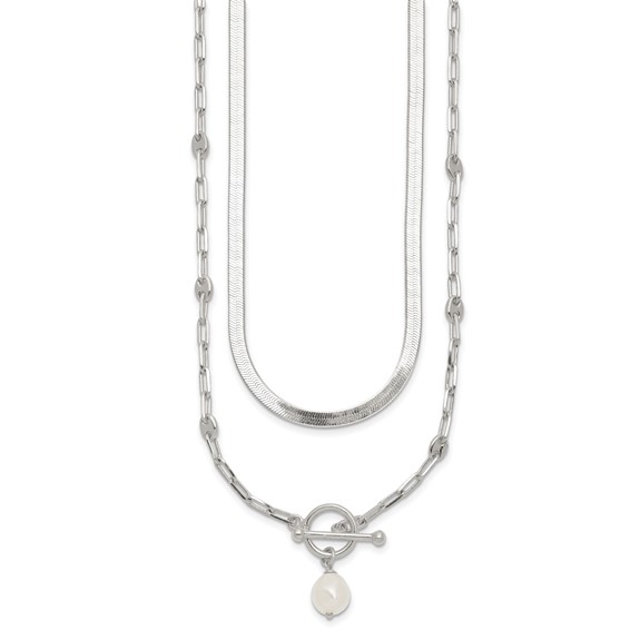 Sterling Silver Polished Baroque White Crystal Pearl Multi-strand 14 inch with 2 inch Extension Necklace