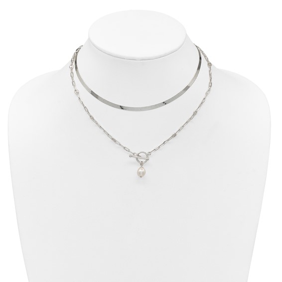 Sterling Silver Polished Baroque White Crystal Pearl Multi-strand 14 inch with 2 inch Extension Necklace