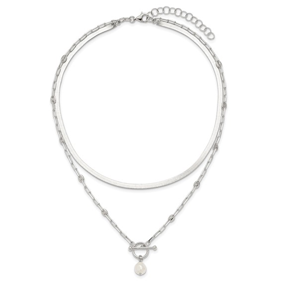 Sterling Silver Polished Baroque White Crystal Pearl Multi-strand 14 inch with 2 inch Extension Necklace