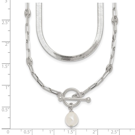 Sterling Silver Polished Baroque White Crystal Pearl Multi-strand 14 inch with 2 inch Extension Necklace