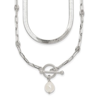 Sterling Silver Polished Baroque White Crystal Pearl Multi-strand 14 inch with 2 inch Extension Necklace