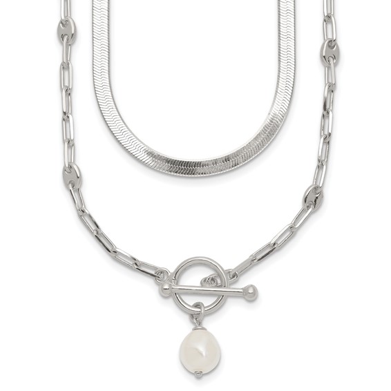 Sterling Silver Polished Baroque White Crystal Pearl Multi-strand 14 inch with 2 inch Extension Necklace