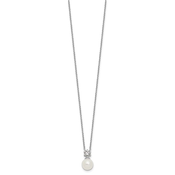 Sterling Silver Rhodium-plated Polished CZ and 7-8mm Shell Pearl 15.5 inch with 2 inch Extender Necklace