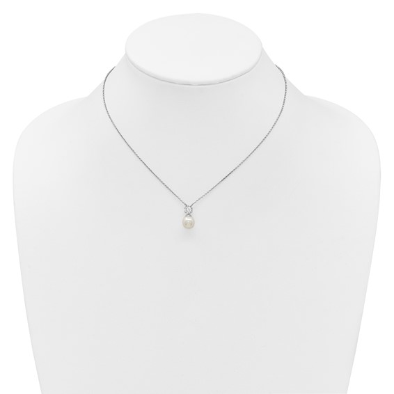 Sterling Silver Rhodium-plated Polished CZ and 7-8mm Shell Pearl 15.5 inch with 2 inch Extender Necklace