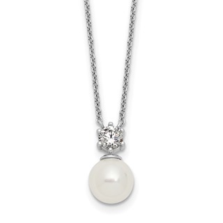 Sterling Silver Rhodium-plated Polished CZ and 7-8mm Shell Pearl 15.5 inch with 2 inch Extender Necklace