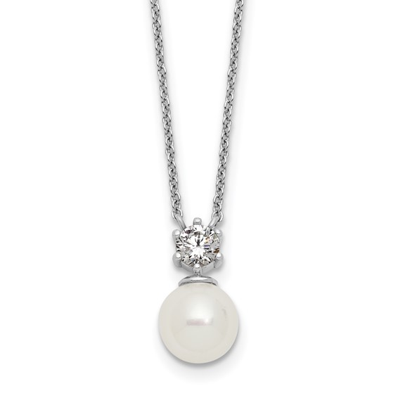 Sterling Silver Rhodium-plated Polished CZ and 7-8mm Shell Pearl 15.5 inch with 2 inch Extender Necklace
