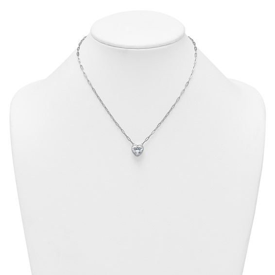 Sterling Silver Rhodium-plated Polished Heart CZ with Paperclip Chain 16 inch with 1.75 inch Extension Necklace