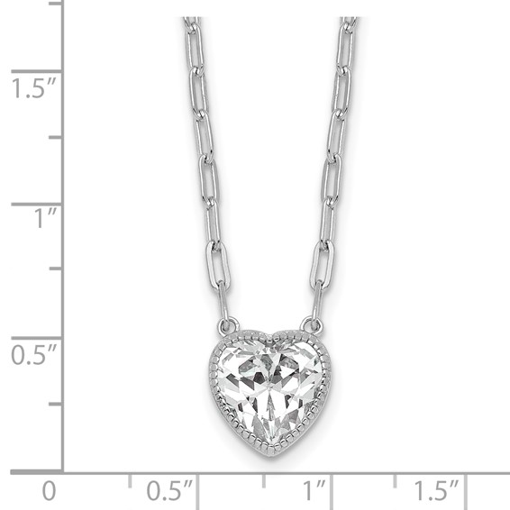 Sterling Silver Rhodium-plated Polished Heart CZ with Paperclip Chain 16 inch with 1.75 inch Extension Necklace