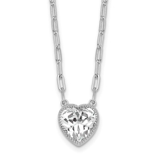 Sterling Silver Rhodium-plated Polished Heart CZ with Paperclip Chain 16 inch with 1.75 inch Extension Necklace