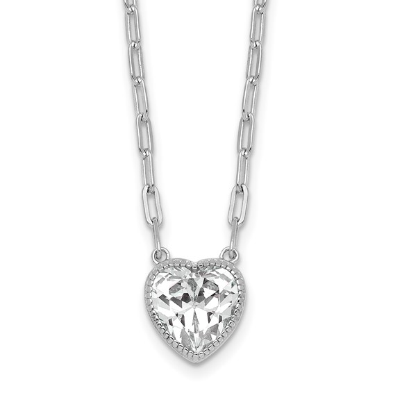 Sterling Silver Rhodium-plated Polished Heart CZ with Paperclip Chain 16 inch with 1.75 inch Extension Necklace