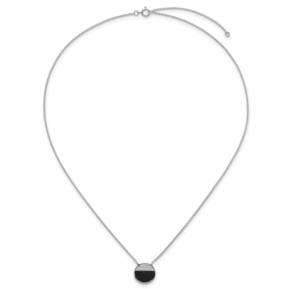Sterling Silver Rhodium-plated Polished Black Onyx and CZ Circle 16 inch with 2 inch Extender Necklace