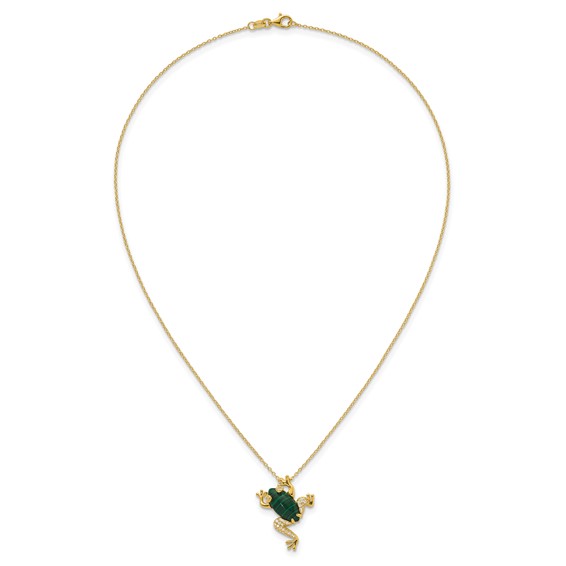 Sterling Silver Gold-tone CZ and Lab Created Malachite Frog 18 inch Necklace