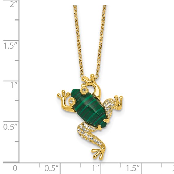 Sterling Silver Gold-tone CZ and Lab Created Malachite Frog 18 inch Necklace