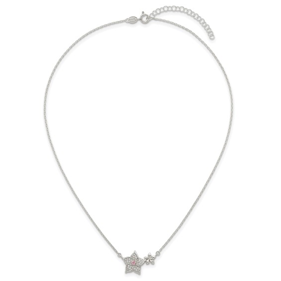 Sterling Silver Polished Pink and White CZ Flowers 16 inch with 2 inch Extension Necklace