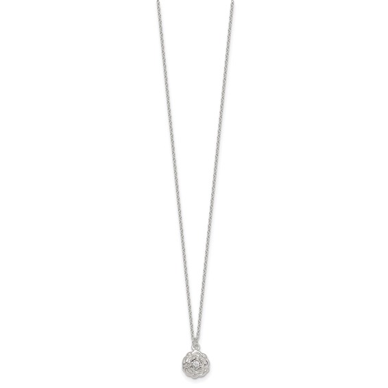 Sterling Silver Polished CZ Flower 16 Inch with 2 Inch Extension Necklace