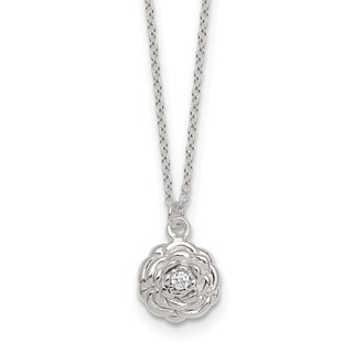 Sterling Silver Polished CZ Flower 16 Inch with 2 Inch Extension Necklace