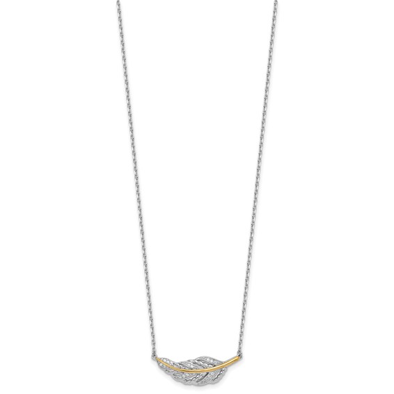 Sterling Silver Rhodium-plated with 14k Accent Polished CZ Feather 16 inch with 2 inch Extension Necklace