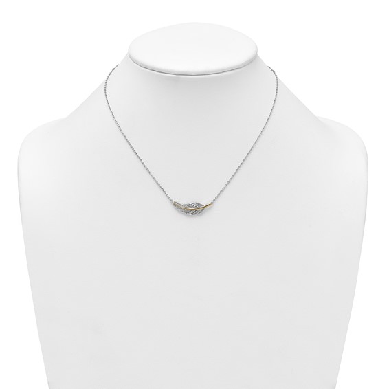 Sterling Silver Rhodium-plated with 14k Accent Polished CZ Feather 16 inch with 2 inch Extension Necklace