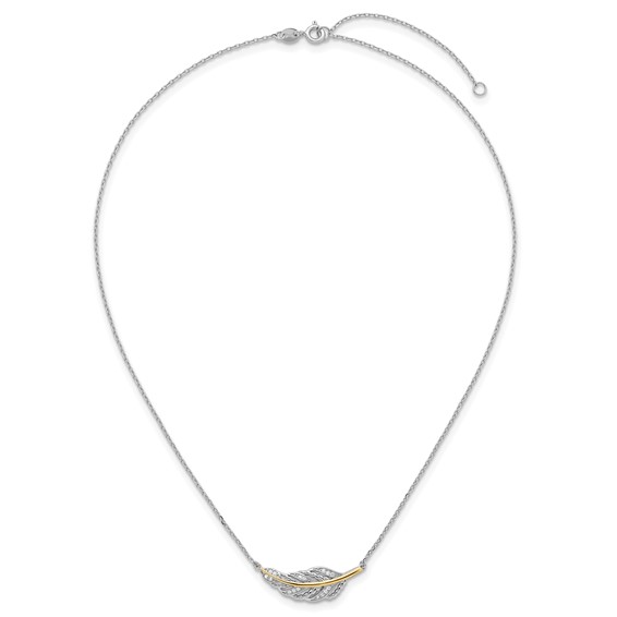 Sterling Silver Rhodium-plated with 14k Accent Polished CZ Feather 16 inch with 2 inch Extension Necklace
