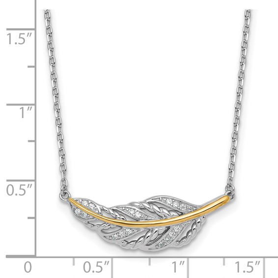Sterling Silver Rhodium-plated with 14k Accent Polished CZ Feather 16 inch with 2 inch Extension Necklace
