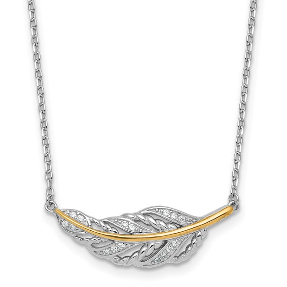 Sterling Silver Rhodium-plated with 14k Accent Polished CZ Feather 16 inch with 2 inch Extension Necklace