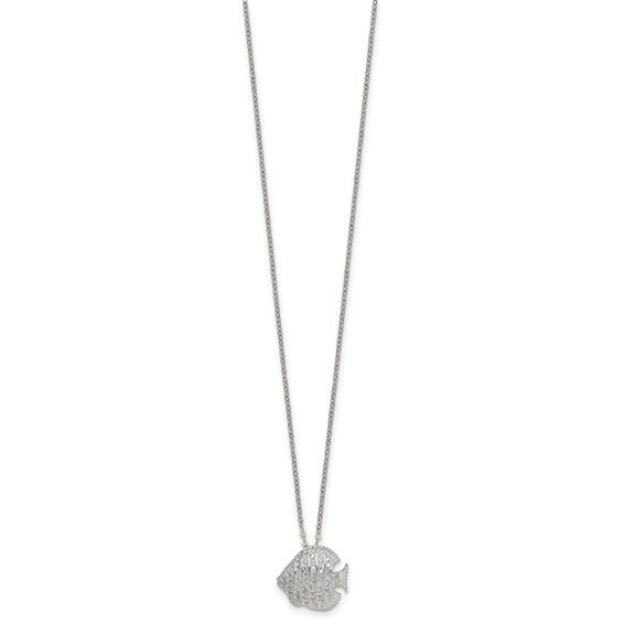 Sterling Silver Polished and Grooved CZ Fish 16 Inch with 2 Inch Extension Necklace