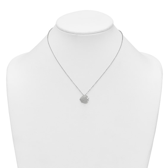 Sterling Silver Polished and Grooved CZ Fish 16 Inch with 2 Inch Extension Necklace