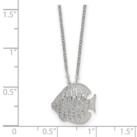 Sterling Silver Polished and Grooved CZ Fish 16 Inch with 2 Inch Extension Necklace