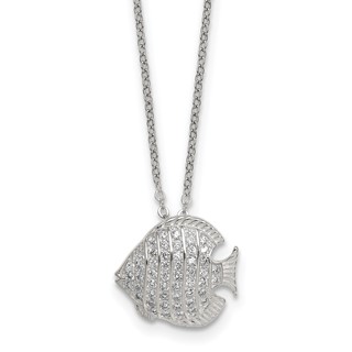 Sterling Silver Polished and Grooved CZ Fish 16 Inch with 2 Inch Extension Necklace