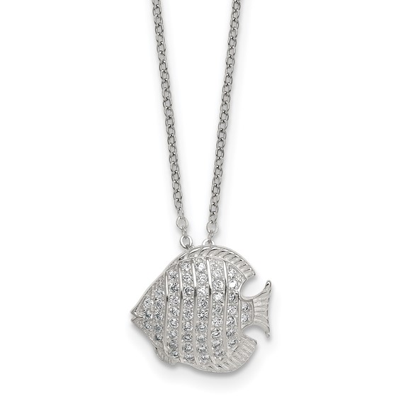 Sterling Silver Polished and Grooved CZ Fish 16 Inch with 2 Inch Extension Necklace