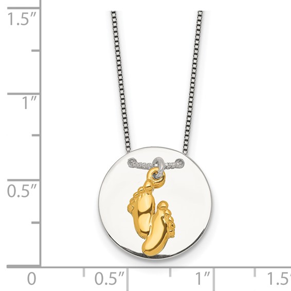 Sterling Silver with Gold-tone Polished Footprint Dangle on Disc 16 inch Necklace