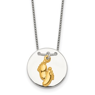 Sterling Silver with Gold-tone Polished Footprint Dangle on Disc 16 inch Necklace