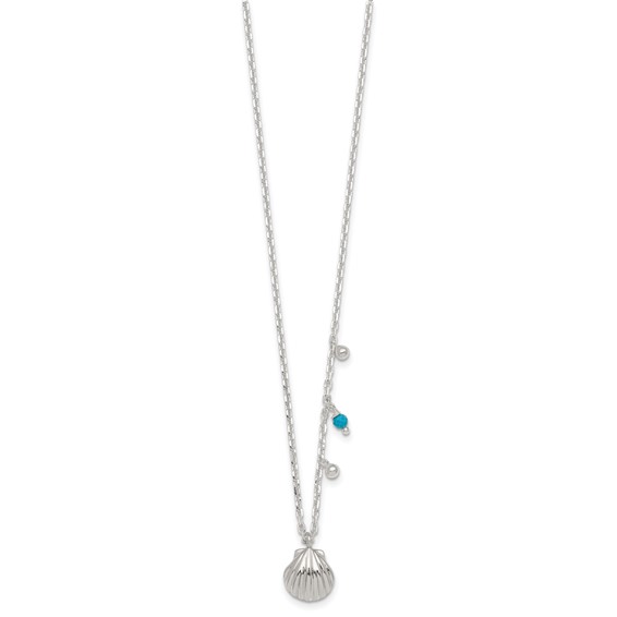 Sterling Silver Polished Beaded Turquoise and Grooved Seashell 16 inch with 2 inch Extension Necklace