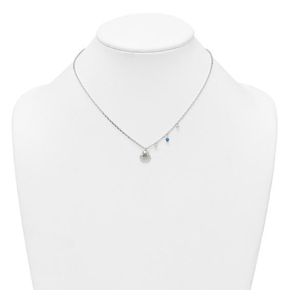 Sterling Silver Polished Beaded Turquoise and Grooved Seashell 16 inch with 2 inch Extension Necklace